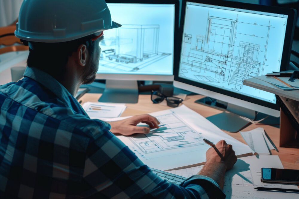 BIM-engineer werkt aan een 3D-model op een werkplek met twee schermen